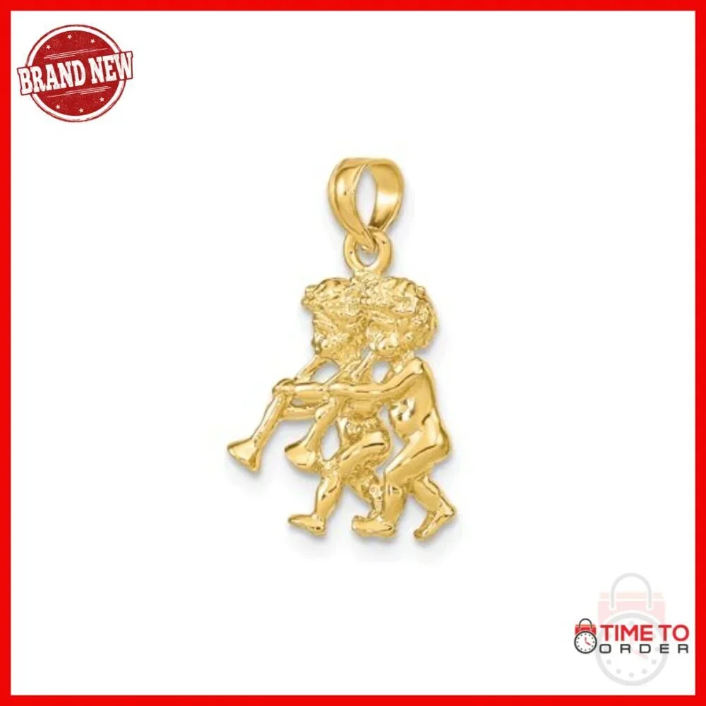 14K Yellow Gold Twin Cherub Trumpet Pendant Necklace, Baroque Angel Charm